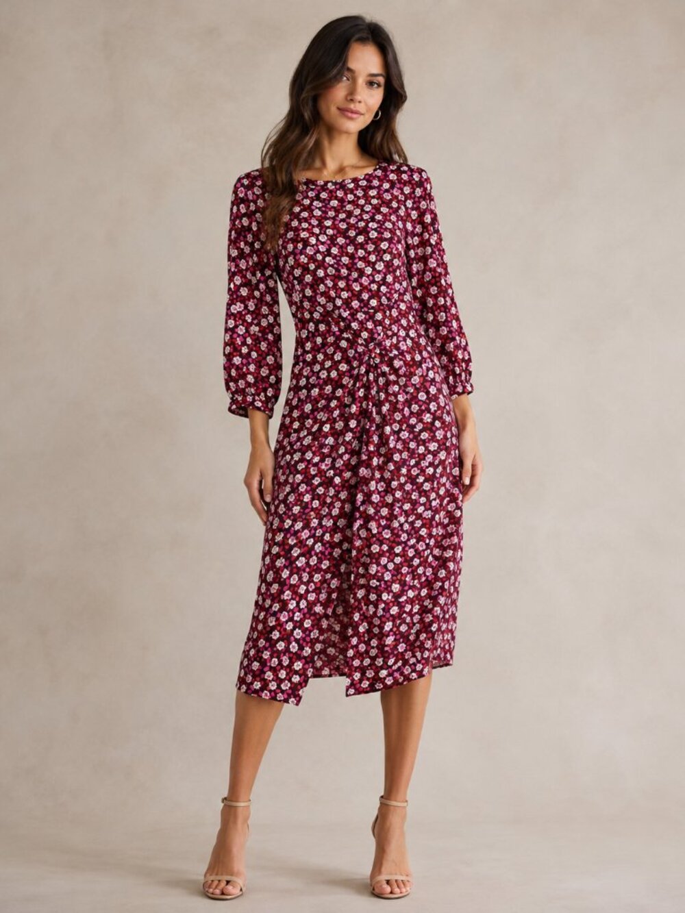 Ann Taylor Size 4 Burgundy Pink Floral Midi Dress 3/4 Sleeve NWT